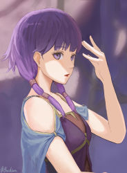 Rule 34 | 1girl, fire emblem, fire emblem: the sacred stones, hair over shoulder, highres, long hair, low twintails, lute (fire emblem), nintendo, open mouth, purple eyes, purple hair, purple shirt, samohichi, shirt, sleeveless, sleeveless shirt, solo, twintails, twitter username, upper body