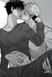 Rule 34 | 2boys, blush, closed eyes, clothes lift, collarbone, commentary request, extra eyes, french kiss, fushiguro megumi, fushirun rung, hand on another&#039;s stomach, highres, itadori yuuji, jujutsu kaisen, kiss, korean commentary, leg grab, leg lift, leg up, lifting another&#039;s clothes, long sleeves, looking at another, male focus, monochrome, multiple boys, navel, pants, ryoumen sukuna (jujutsu kaisen), shirt, shirt lift, short hair, spiked hair, spread legs, tongue, tongue out, undercut, yaoi