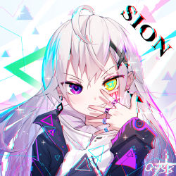 Rule 34 | 1girl, ahoge, black jacket, blush, commentary request, earrings, facial mark, glitch, grin, hair between eyes, hair ornament, hand up, heterochromia, jacket, jewelry, long hair, long sleeves, looking at viewer, open clothes, open jacket, original, purple eyes, qys3, ring, shirt, silver hair, sleeves past wrists, smile, solo, symbol-shaped pupils, upper body, white shirt, x hair ornament, yellow eyes