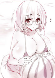 Rule 34 | 1girl, bikini, breasts, cleavage, glasses, goban, huge breasts, looking at viewer, monochrome, short hair, solo, swimsuit