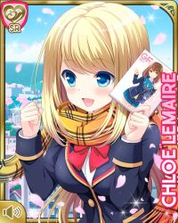 Rule 34 | 1girl, blazer, blonde hair, blue eyes, blue jacket, brown hair, card (medium), character name, chloe lemaire, clenched hand, copyright name, flower, girlfriend (kari), holding, jacket, long hair, official art, open mouth, outdoors, photo (medium), plaid, plaid skirt, qp:flapper, red skirt, rooftop, scarf, school uniform, shiina kokomi, shirt, skirt, smile, soles, solo, standing, tagme, thighhighs, white shirt, white thighhighs, wind