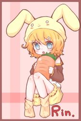 Rule 34 | 1girl, aged down, animal hat, bad id, bad pixiv id, berry (strawberry 6), blue eyes, blush stickers, carrot, character name, colorized, hat, highres, kagamine rin, oversized object, rabbit hat, solo, vocaloid