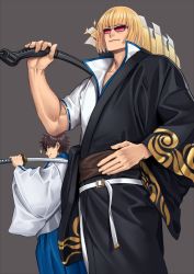 Rule 34 | 2boys, absurdres, bad id, bad pixiv id, belt, black hair, blonde hair, blue eyes, bowl cut, collar, collarbone, cosplay, fate/grand order, fate (series), fujimaru ritsuka (male), gintama, highres, japanese clothes, katana, kimono, looking at another, looking to the side, male focus, multiple boys, name connection, open clothes, open kimono, over shoulder, sakata kintoki (fate), sakata kintoki (gintama), sakata kintoki (gintama) (cosplay), shimura shinpachi, shimura shinpachi (cosplay), shirt, simple background, smile, sora yoshitake yuda, sparkle, sunglasses, sword, toned, toned male, upper body, weapon, weapon over shoulder