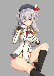 Rule 34 | 10s, 1girl, absurdres, bad id, bad pixiv id, bottomless, fedsnk, grey eyes, hair between eyes, hand on own chest, highres, kantai collection, kashima (kancolle), silver hair, solo, uniform