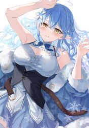 Rule 34 | 1girl, absurdres, ahoge, blue hair, blue jacket, blue nails, blue skirt, blush, breasts, cleavage, cleavage cutout, clothing cutout, corset, crossed bangs, elf, highres, holding, hololive, jacket, large breasts, long hair, looking at viewer, lying, mei am0, multicolored hair, on back, open clothes, open jacket, parted lips, pointy ears, print skirt, shirt, skirt, sleeveless, sleeveless shirt, snowflake print, snowflakes, solo, streaked hair, virtual youtuber, yellow eyes, yukihana lamy