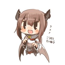 Rule 34 | 10s, 1girl, animal ears, bad id, bad twitter id, bat ears, bat wings, black eyes, blush, brown hair, fang, flying sweatdrops, kantai collection, lowres, open mouth, rebecca (keinelove), short hair, simple background, smile, solo, taihou (kancolle), wings