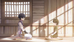 Rule 34 | 2boys, armor, barefoot, black hair, blunt ends, brown hair, character doll, child, doll, genshin impact, green kimono, highres, holding, holding doll, japanese armor, japanese clothes, kimono, kote, male focus, multiple boys, official art, scaramouche&#039;s sickly friend (genshin impact), scaramouche (genshin impact), scaramouche (kabukimono) (genshin impact), short sleeves, sunlight, toes, vest, white vest, wooden floor