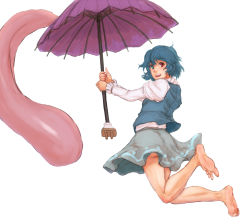 Rule 34 | 1girl, :d, aqua hair, barefoot, blue eyes, commentary, commentary request, feet, full body, heterochromia, highres, holding, holding umbrella, juliet sleeves, kuro suto sukii, legs, long sleeves, midair, open mouth, puffy sleeves, purple umbrella, red eyes, shirt, short hair, simple background, sketch, smile, soles, solo, tatara kogasa, toe scrunch, toes, tongue, touhou, umbrella, white background, white shirt