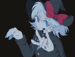 Rule 34 | 1girl, alternate hair color, black hat, black jacket, blue eyes, blue nails, bow, braid, bright pupils, closed mouth, commentary request, cookie (touhou), cosplay, expressionless, grey background, hat, hat bow, hirasawa susumu, hirasawa susumu (cosplay), hotaru kago, jacket, kirisame marisa, looking at viewer, m/, meguru (cookie), nail polish, p-model, red bow, short hair, side braid, simple background, single braid, solo, touhou, upper body, white hair, white pupils, witch hat