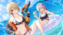 2girls :q afloat bikini black_bikini black_hairband black_jacket breasts brown_hair bshi_edayo cleavage cloud collarbone commentary_request cup drink furrowed_brow green_eyes grey_hair hair_ornament hair_over_one_eye hairband hand_on_own_hip hand_up heaven_burns_red highres holding holding_cup holding_drink holding_water_gun innertube izumi_yuki_(heaven_burns_red) jacket kayamori_ruka long_hair long_sleeves looking_at_another medium_breasts melon_soda multiple_girls navel off_shoulder official_alternate_costume on_innertube one_eye_covered open_mouth outdoors red_eyes short_hair sparkle standing stomach swim_ring swimsuit tongue tongue_out v-shaped_eyebrows water water_gun wet