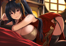 Rule 34 | 1girl, ahoge, azur lane, bare shoulders, black hair, blush, breasts, china dress, chinese clothes, cleavage, clothing cutout, commentary request, dress, hair between eyes, hair ornament, huge breasts, kanzaki kureha, long hair, looking at viewer, official alternate costume, red dress, red eyes, smile, solo, taihou (azur lane), taihou (phoenix&#039;s spring song) (azur lane), thighhighs, very long hair