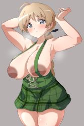 Rule 34 | 1girl, ahoge, armpits, arms up, blue eyes, blush, braid, braided ponytail, breasts, brown hair, closed mouth, collarbone, dark nipples, grey background, hair ornament, hair ribbon, highres, huge breasts, inverted nipples, large areolae, lynette bishop, miniskirt, nipples, no bra, ponytail, ribbon, rqm55, simple background, skirt, solo, standing, strike witches, suspender skirt, suspenders, sweat, world witches series