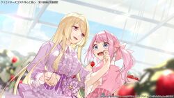 Rule 34 | 2girls, assault lily, blonde hair, blue eyes, blue sky, blurry, blurry background, blurry foreground, bow, breasts, center frills, cloud, collared dress, commentary request, day, dress, dutch angle, food, frilled dress, frilled sleeves, frills, fruit, greenhouse, hair bow, hands up, hino hinako, holding, holding food, holding fruit, indoors, jewelry, lens flare, long hair, long sleeves, looking at another, looking to the side, medium breasts, miyagawa takane, multiple girls, official alternate costume, official art, open mouth, parted lips, pink bow, pink dress, pink hair, purple dress, purple eyes, ring, sadamori himeka, sidelocks, sky, smile, standing, strawberry, sunlight, teeth, twintails, underbust, upper body, upper teeth only, very long hair, watermark, wavy mouth