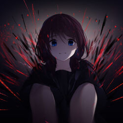 Rule 34 | 1girl, black shirt, blue eyes, chinese commentary, commentary request, girls band cry, gradient background, grey background, iseri nina, parted lips, red hair, shirt, short twintails, sitting, smile, solo, twintails, yun cao bing