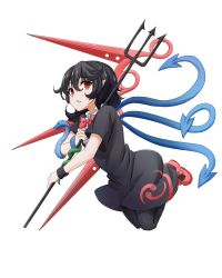 Rule 34 | 1girl, asymmetrical wings, black dress, black hair, black pantyhose, blue wings, blush, bow, bowtie, commentary, dress, hair between eyes, highres, holding, holding weapon, houjuu nue, looking at viewer, mary janes, pantyhose, parted lips, pointy ears, polearm, red bow, red bowtie, red eyes, red footwear, red wings, shoes, short dress, short hair, short sleeves, simple background, snake, solo, tarumaru, touhou, trident, weapon, white background, wings, wristband
