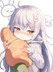 Rule 34 | 1girl, :t, absurdres, blush, closed mouth, commentary, grey hoodie, hair between eyes, hair ornament, highres, holding, holding stuffed toy, hood, hood down, hoodie, long hair, long sleeves, mannack, nose blush, original, pout, puffy long sleeves, puffy sleeves, rabbit-shaped pupils, rabbit hair ornament, red eyes, simple background, sleeves past wrists, solo, stuffed carrot, stuffed toy, symbol-shaped pupils, tears, upper body, very long hair, white background, white hair
