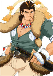 Rule 34 | 1boy, bara, beige pants, blonde hair, brown hair, bulge, chest hair, cloud, facial hair, fur (clothing), green shirt, hairy, halo, halo behind head, highres, jewelry, large pectorals, leather belt, long sideburns, magatama, magatama necklace, male focus, mature male, multicolored hair, muscular, muscular male, necklace, pectoral cleavage, pectorals, sheath, shirt, short hair, sideburns, sleeves rolled up, smile, solo, streaked hair, stubble, thick eyebrows, tokyo houkago summoners, yamasachihiko (housamo), yon yon (shikawafu)