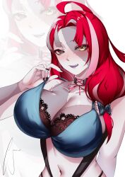 Rule 34 | 1girl, absurdres, alternate breast size, black bra, bra, breasts, cleavage, clothes pull, colored skin, gradient eyes, green eyes, grey skin, heterochromia, highres, hololive, hololive indonesia, jamwes, kureiji ollie, lace, lace-trimmed bra, lace trim, large breasts, long hair, looking at viewer, multicolored eyes, multicolored hair, multicolored skin, navel, open mouth, patchwork skin, pink hair, red eyes, red hair, sallie (kureiji ollie), smile, solo, streaked hair, two-tone skin, underwear, virtual youtuber, white background, yellow eyes, zombie, zoom layer