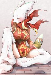 Rule 34 | 1girl, animal ears, blonde hair, blush, breasts, closed eyes, fake animal ears, fake tail, final fantasy, final fantasy tactics, full body, heart, highres, long sleeves, mask, medium breasts, mime (fft), red sleeves, rorutorosarmon, sitting, solo, sweater, tail, thighhighs