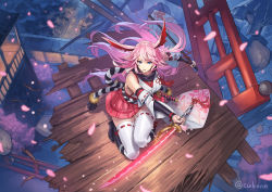 Rule 34 | 1girl, animal ears, artist name, bare shoulders, black footwear, black scarf, blue eyes, boots, cherry blossoms, commentary request, cuboon, debris, detached sleeves, dual wielding, falling petals, fox ears, from above, glowing, glowing sword, glowing weapon, high heel boots, high heels, highres, holding, holding sword, holding weapon, honkai (series), honkai impact 3rd, japanese clothes, kimono, long hair, looking at viewer, parted lips, petals, pink hair, pink skirt, plaid, plaid skirt, rope, scarf, sheath, short kimono, skirt, sleeveless, sleeveless kimono, solo, squatting, sword, tassel, thighhighs, thighs, weapon, white kimono, wooden floor, yae sakura, yae sakura (gyakushinn miko)