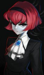 Rule 34 | 1girl, absurdres, android, black eyes, bob cut, dress, formal, hairband, highres, looking at viewer, paixii, pale skin, r dorothy wayneright, red hair, ringed eyes, short hair, solo, the big o, upper body