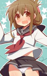 Rule 34 | 10s, 1girl, 9law, bad id, bad pixiv id, blush, brown eyes, brown hair, folded ponytail, highres, inazuma (kancolle), kantai collection, looking at viewer, open mouth, panties, pantyshot, personification, school uniform, serafuku, short hair, signature, sketch, skirt, solo, star (symbol), underwear, upskirt, wavy mouth, white panties