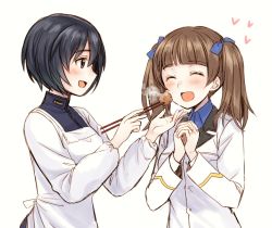 Rule 34 | 10s, 2girls, :d, ^ ^, apron, black hair, blush, bob cut, brave witches, brown eyes, brown hair, chicken (food), chopsticks, closed eyes, feeding, fried chicken, georgette lemare, hair ribbon, heart, kappougi, long hair, military, military uniform, multiple girls, open mouth, own hands clasped, own hands together, profile, ribbon, shimohara sadako, short hair, smile, totonii (totogoya), twintails, uniform, upper body, white background, world witches series