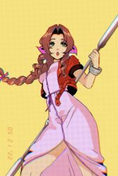 Rule 34 | 1girl, aerith gainsborough, bangle, bracelet, braid, braided ponytail, breasts, brown hair, cowboy shot, cropped jacket, dated, dress, fighting stance, final fantasy, final fantasy vii, final fantasy vii remake, green eyes, highres, holding, holding staff, jacket, jewelry, long dress, long hair, medium breasts, open mouth, parted bangs, pink dress, red jacket, short sleeves, sidelocks, softp3ach, solo, sparkle, staff, thighs, wavy hair, yellow background