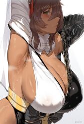 Rule 34 | 1girl, absurdres, arched back, armpits, arms up, breasts, brown eyes, brown hair, closed mouth, commentary, covered erect nipples, dark-skinned female, dark skin, from side, fur collar, goddess of victory: nikke, gradient background, grey background, hair between eyes, hair ornament, highres, huge breasts, japanese clothes, leaning forward, long sleeves, looking at viewer, micchan (micchanmeido), no bra, noir (black rabbit) (nikke), noir (nikke), obi, official alternate costume, profile, raised eyebrow, sash, sideboob, solo, steaming body, sweat, twitter username, upper body, white background