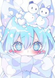 Rule 34 | 1girl, blue bow, blue eyes, blue hair, blush, bow, cirno, commentary, covered mouth, hair between eyes, hair bow, heart, highres, kyouda suzuka, looking at viewer, object on head, portrait, scarf, scarf bow, short hair, simple background, snow on head, snowflakes, snowman, snowman on head, solo, symbol-shaped pupils, touhou, twitter username, upper body, white background, white scarf