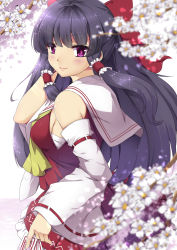 Rule 34 | 1girl, bare shoulders, black hair, blunt bangs, blurry, blurry foreground, blush, bow, breasts, closed mouth, depth of field, detached sleeves, dress, flower, frilled dress, frills, from side, hair bow, hair tubes, hakurei reimu, hand up, highres, holding, lips, long hair, long sleeves, looking at viewer, looking to the side, medium breasts, ofuda, purple eyes, red bow, red dress, sailor collar, sheita, sideboob, sidelocks, sleeveless, sleeveless dress, smile, solo, sparkle, touhou, upper body, white flower, wide sleeves