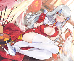 Rule 34 | 1girl, alternate costume, breasts, center opening, china dress, chinese clothes, chinese new year, cleavage, cup, dress, drunk, facial mark, girls&#039; frontline, gloves, green eyes, grey hair, hair ornament, highres, hk416 (girls&#039; frontline), holding, holding cup, knees up, large breasts, leg hold, licking lips, liu zhao, long hair, no shoes, red dress, red gloves, single glove, sitting, solo, teardrop, teardrop facial mark, thighhighs, tongue, tongue out, white thighhighs