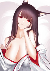 Rule 34 | 1girl, absurdres, akagi (azur lane), an yasuri, animal ears, azur lane, bare shoulders, black hair, blunt bangs, breasts, cleavage, collarbone, commentary request, fox ears, hand on own cheek, hand on own face, hand up, head tilt, highres, japanese clothes, kimono, large breasts, long hair, looking at viewer, off shoulder, official alternate costume, parted lips, red eyes, smile, solo, upper body, white kimono