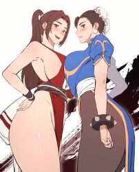 Rule 34 | 2girls, absurdres, bracelet, breast press, breasts, brown eyes, brown hair, brown pantyhose, bun cover, capcom, carcass (artist), chinese clothes, chun-li, closed mouth, crossover, double bun, female focus, hair bun, highres, japanese clothes, jewelry, korean commentary, large breasts, looking at viewer, matching hair/eyes, multiple girls, open mouth, pantyhose, ponytail, shiranui mai, smile, spiked bracelet, spikes, standing, street fighter, symmetrical docking, the king of fighters, thighs, white background