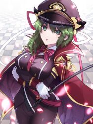 Rule 34 | 1girl, alternate costume, arm under breasts, asymmetrical hair, black cape, breasts, cape, cowboy shot, gloves, glowing, glowing petals, gold trim, green eyes, green hair, hat, highres, holding, holding stick, large breasts, looking at viewer, perspective, petals, shiki eiki, solo, stick, tile floor, tiles, touhou, unime seaflower, white gloves