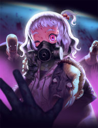 Rule 34 | 1girl, 3boys, asphyxiation, assassin, bald, black gloves, blood, blood on clothes, blood on face, blood splatter, bloody tears, brown hair, chyko, commentary request, dying, gas mask, gloves, mask, multiple boys, one eye closed, one side up, original, pink eyes, silver hair, strangling, v, wink