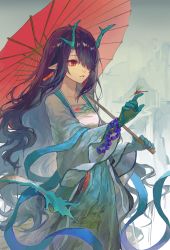 Rule 34 | 1girl, arknights, black hair, blue hair, breasts, bug, chinese clothes, dogdogbhh, dragon girl, dragon horns, dragonfly, dusk (arknights), hair between eyes, highres, horns, insect, multicolored hair, pale skin, pointy ears, red eyes
