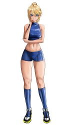 Rule 34 | 1girl, absurdres, blonde hair, blue eyes, blue footwear, blue shorts, boots, breasts, crop top, hand on own cheek, hand on own face, highres, large breasts, looking at viewer, metroid, metroid fusion, midriff, navel, nintendo, parted lips, ponytail, samus aran, short shorts, shorts, skin tight, sleeveless, smile, solo, standing, tefi blum, white background
