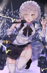 Rule 34 | 1girl, azur lane, bad id, bad pixiv id, belt, black footwear, black neckerchief, black skirt, blush, buttons, collared shirt, commentary request, double-breasted, eyes visible through hair, garter belt, garter straps, hair over one eye, highres, holding, holding microphone, looking at viewer, maid headdress, microphone, music, neckerchief, no panties, nonon (xenonbot), open mouth, platinum blonde hair, pleated skirt, sheffield (azur lane), sheffield (muse) (azur lane), shirt, shoes, singing, skirt, solo, standing, standing on one leg, thighhighs, thighs, white shirt, white thighhighs, yellow eyes