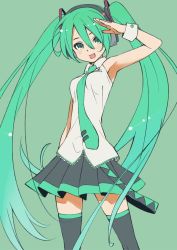 Rule 34 | 1girl, :d, arm up, bare shoulders, blush, cowboy shot, green background, green eyes, green hair, hatsune miku, long hair, matching hair/eyes, necktie, open mouth, skirt, smile, solo, tanaka masayoshi, thighhighs, twintails, very long hair, vocaloid, wrist cuffs