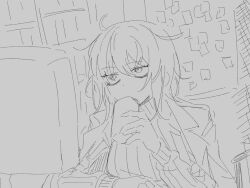 Rule 34 | 1girl, bags under eyes, commentary request, cup, faust (project moon), greyscale, hand up, highres, indoors, ivy (675671), limbus company, monitor, monochrome, project moon, ribbed sweater, sitting, sketch, solo, sticky note, sweater