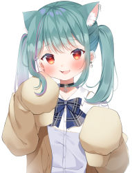 Rule 34 | 1girl, absurdres, animal ear fluff, animal ears, black choker, blue bow, blue bowtie, blush, bow, bowtie, brown jacket, cat ears, choker, collared shirt, commentary, ear piercing, earrings, extra ears, green hair, heart, heart earrings, highres, hololive, jacket, jewelry, long hair, long sleeves, looking at viewer, multicolored hair, official alternate costume, open clothes, open jacket, open mouth, piercing, plaid, plaid bow, plaid bowtie, purple hair, red eyes, shirt, shokorate, simple background, sleeves past fingers, sleeves past wrists, solo, streaked hair, symbol-only commentary, twintails, upper body, uruha rushia, uruha rushia (school uniform), virtual youtuber, white background, white shirt