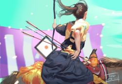 Rule 34 | 1girl, arrow (projectile), bigegg, bow, brown hair, firing, horse, mongolia, petals, ponytail, riding, saddle, solo, wide sleeves