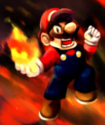 Rule 34 | 1boy, angry, artist request, blue eyes, boots, clenched hand, facial hair, fire, fireball, gloves, hat, highres, mario, mario (series), mustache, nintendo, super mario bros. 1, suspenders, teeth
