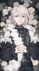 Rule 34 | 1boy, absurdres, alternate costume, bishounen, black nails, blonde hair, blurry, brown flower, brown rose, chromatic aberration, depth of field, detached sleeves, empty eyes, expressionless, flower in mouth, girly boy, glint, hair bun, highres, idolish7, knot, light particles, long sleeves, looking at viewer, lying, motion blur, nail polish, natsume minami, puffy sleeves, red eyes, rose, short hair, single hair bun, solo, sparkle, tassel, zheyizheyi