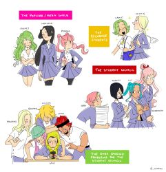 Rule 34 | 5boys, 6+girls, ^ ^, alternate costume, alternate universe, aqua hair, arm around neck, backpack, bag, basil hawkins, beanie, black hair, blonde hair, boa hancock, braid, braided ponytail, blowing bubbles, camie (one piece), cellphone, cesel, chewing gum, closed eyes, koby (one piece), conis (one piece), contemporary, english text, eustass kid, eyewear on head, facial hair, glasses, goatee, green hair, hat, headband, height difference, high ponytail, highres, holding, holding phone, hood, hood up, jacket, jewelry bonney, killer (one piece), leaning forward, long hair, long sleeves, looking at another, monet (one piece), multiple boys, multiple girls, nefertari vivi, one piece, open mouth, own hands together, perona, phone, pink hair, red hair, school uniform, shirahoshi, shirt, short sleeves, shoulder bag, single braid, skirt, smartphone, smile, tall female, tan, tashigi, trafalgar law, twintails, very long hair