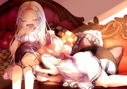 Rule 34 | 2girls, 54hao, bare arms, bare shoulders, black hair, bow, cat-shaped pillow, checkered pillow, closed eyes, collarbone, commentary request, couch, dress, fingernails, frilled pillow, frills, hair ornament, heart, heart-shaped pillow, highres, holding, lap pillow, long hair, lying, multiple girls, on couch, on side, open mouth, original, parted bangs, pillow, polka dot, polka dot pillow, purple bow, purple scrunchie, scrunchie, siblings, sisters, sitting, sleeping, sleeveless, sleeveless dress, twins, very long hair, wavy mouth, white dress, white hair, wrist scrunchie, x hair ornament, yawning