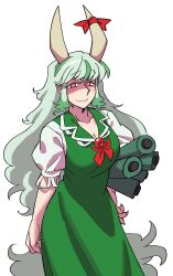 Rule 34 | 1girl, absurdres, blush, closed mouth, collarbone, commentary, dress, eddybird55555, english commentary, ex-keine, green dress, green hair, highres, horn ornament, horn ribbon, horns, kamishirasawa keine, long hair, looking at viewer, multicolored hair, red eyes, red ribbon, ribbon, scroll, short sleeves, simple background, smile, solo, touhou, two-tone hair, white background