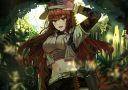 Rule 34 | 1girl, 2023, :d, animal ears, arknights, arm up, black shorts, blue sealad, blurry, blurry background, blurry foreground, blush, breasts, brown eyes, brown hair, commentary, crop top, day, depth of field, ears through headwear, franka (arknights), franka (rainforest me rainbow) (arknights), hair between eyes, jacket, large breasts, layered sleeves, long hair, long sleeves, looking at viewer, midriff, navel, open mouth, outdoors, shirt, short over long sleeves, short sleeves, shorts, smile, solo, tail, very long hair, watermark, white headwear, white jacket, white shirt
