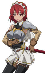Rule 34 | 00s, 1girl, armor, breasts, cecily cambell, female focus, red hair, seiken no blacksmith, short hair, simple background, skirt, solo, sword, takapiko, thighhighs, weapon, white background